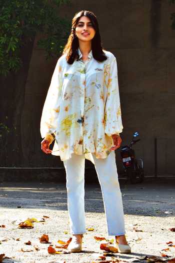 Jasmine Bains Ivory Silk Mandarin Collar Hand Eco Print Shirt Online at Aza Fashions Jasmine Bains_Ivory Silk Mandarin Collar Hand Eco Print Shirt _Online_at_Aza_Fashions