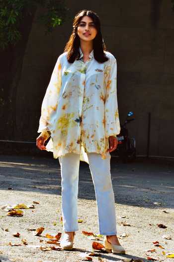 Buy Jasmine Bains Ivory Silk Mandarin Collar Hand Eco Print Shirt Online at Aza Fashions Buy_Jasmine Bains_Ivory Silk Mandarin Collar Hand Eco Print Shirt _Online_at_Aza_Fashions