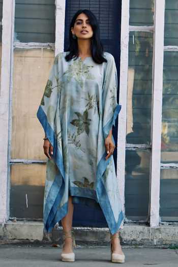 Jasmine Bains Blue Silk Eco Print Botanical Mulberry Kaftan Online at Aza Fashions Jasmine Bains_Blue Silk Eco Print Botanical Mulberry Kaftan _Online_at_Aza_Fashions