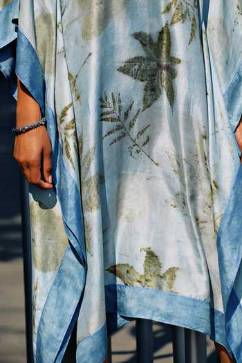 Shop Jasmine Bains Blue Silk Eco Print Botanical Mulberry Kaftan Online at Aza Fashions Shop_Jasmine Bains_Blue Silk Eco Print Botanical Mulberry Kaftan _Online_at_Aza_Fashions