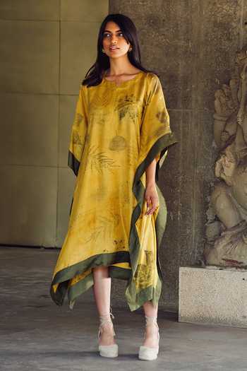 Buy_Jasmine Bains_Yellow Silk Split V-neck Eco Print Kaftan _Online_at_Aza_Fashions