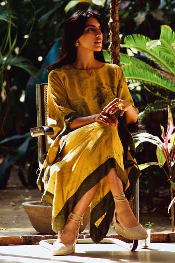 Shop_Jasmine Bains_Yellow Silk Split V-neck Eco Print Kaftan _Online_at_Aza_Fashions