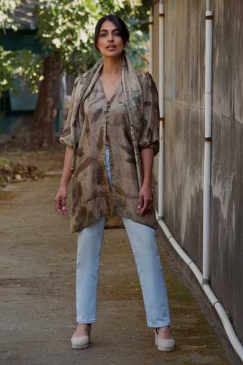 Jasmine Bains Eco Print Mulberry Silk Longline Shirt 