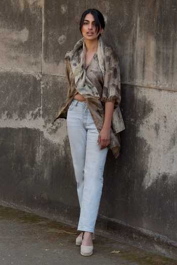Shop Jasmine Bains Charcoal Silk V-neck Eco Print Mulberry Longline Shirt Online at Aza Fashions Shop_Jasmine Bains_Charcoal Silk V-neck Eco Print Mulberry Longline Shirt _Online_at_Aza_Fashions