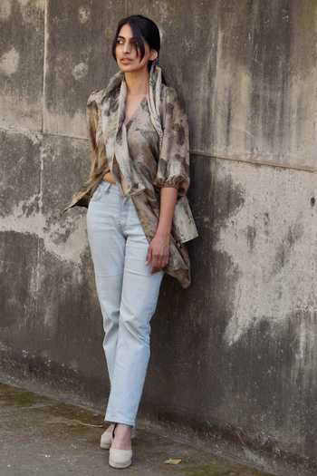 Jasmine Bains Charcoal Silk V-neck Eco Print Mulberry Longline Shirt at Aza Fashions Jasmine Bains_Charcoal Silk V-neck Eco Print Mulberry Longline Shirt _at_Aza_Fashions