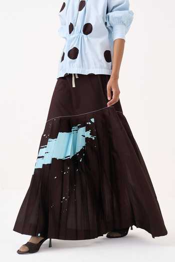 Three Brown Cotton, Chanderi, Poplin Splash Print Pleated Skirt at Aza Fashions Three_Brown Cotton, Chanderi, Poplin Splash Print Pleated Skirt _at_Aza_Fashions