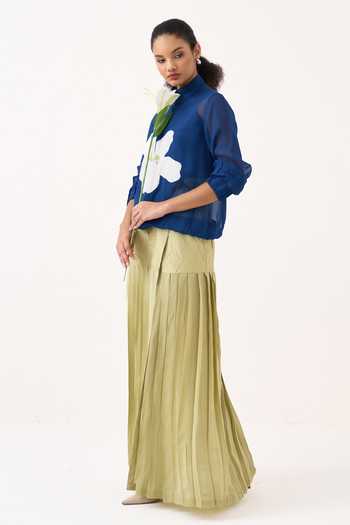 Shop Three Green Silk, Cotton, Crepe Overlap Pleated Skirt Online at Aza Fashions Shop_Three_Green Silk, Cotton, Crepe Overlap Pleated Skirt _Online_at_Aza_Fashions
