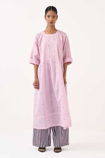 Three Pink Chanderi, Cotton, Poplin Round Neck Pintuck Polka Kaftan And Pant Set Online at Aza Fashions Three_Pink Chanderi, Cotton, Poplin Round Neck Pintuck Polka Kaftan And Pant Set _Online_at_Aza_Fashions