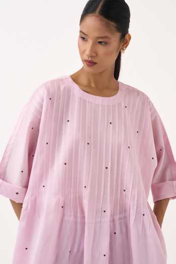 Buy Three Pink Chanderi, Cotton, Poplin Round Neck Pintuck Polka Kaftan And Pant Set Online at Aza Fashions Buy_Three_Pink Chanderi, Cotton, Poplin Round Neck Pintuck Polka Kaftan And Pant Set _Online_at_Aza_Fashions