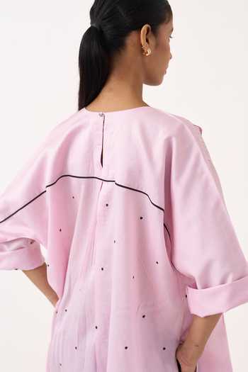 Shop Three Pink Chanderi, Cotton, Poplin Round Neck Pintuck Polka Kaftan And Pant Set Online at Aza Fashions Shop_Three_Pink Chanderi, Cotton, Poplin Round Neck Pintuck Polka Kaftan And Pant Set _Online_at_Aza_Fashions