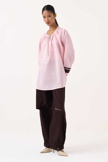 Three Pink Chanderi, Cotton, Poplin Round Neck Wide Sleeve Gather Top And Pant Set Online at Aza Fashions Three_Pink Chanderi, Cotton, Poplin Round Neck Wide Sleeve Gather Top And Pant Set _Online_at_Aza_Fashions