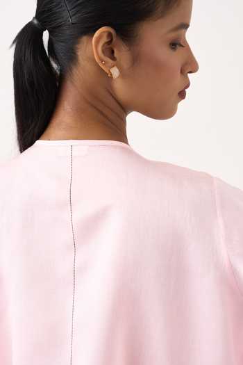 Shop Three Pink Chanderi, Cotton, Poplin Round Neck Wide Sleeve Gather Top And Pant Set Online at Aza Fashions Shop_Three_Pink Chanderi, Cotton, Poplin Round Neck Wide Sleeve Gather Top And Pant Set _Online_at_Aza_Fashions