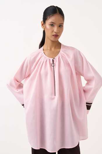 Three Pink Chanderi, Cotton, Poplin Round Neck Wide Sleeve Gather Top And Pant Set at Aza Fashions Three_Pink Chanderi, Cotton, Poplin Round Neck Wide Sleeve Gather Top And Pant Set _at_Aza_Fashions