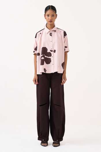 Three Pink Cotton, Poplin Collared Neck Floral Wide Hem Shirt And Pant Set Online at Aza Fashions Three_Pink Cotton, Poplin Collared Neck Floral Wide Hem Shirt And Pant Set _Online_at_Aza_Fashions