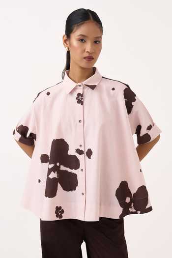 Shop Three Pink Cotton, Poplin Collared Neck Floral Wide Hem Shirt And Pant Set Online at Aza Fashions Shop_Three_Pink Cotton, Poplin Collared Neck Floral Wide Hem Shirt And Pant Set _Online_at_Aza_Fashions