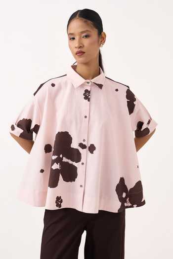 Three Pink Cotton, Poplin Collared Neck Floral Wide Hem Shirt And Pant Set at Aza Fashions Three_Pink Cotton, Poplin Collared Neck Floral Wide Hem Shirt And Pant Set _at_Aza_Fashions