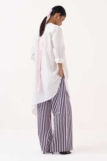 Three White Cotton, Poplin Round Neck Embroidered Patch Asymmetric Kurta And Pant Set Online at Aza Fashions Three_White Cotton, Poplin Round Neck Embroidered Patch Asymmetric Kurta And Pant Set _Online_at_Aza_Fashions