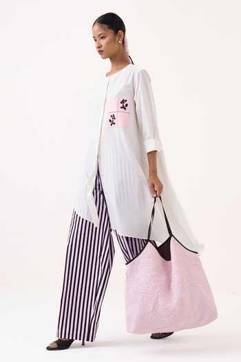 Buy Three White Cotton, Poplin Round Neck Embroidered Patch Asymmetric Kurta And Pant Set Online at Aza Fashions Buy_Three_White Cotton, Poplin Round Neck Embroidered Patch Asymmetric Kurta And Pant Set _Online_at_Aza_Fashions