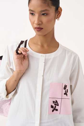 Shop Three White Cotton, Poplin Round Neck Embroidered Patch Asymmetric Kurta And Pant Set Online at Aza Fashions Shop_Three_White Cotton, Poplin Round Neck Embroidered Patch Asymmetric Kurta And Pant Set _Online_at_Aza_Fashions