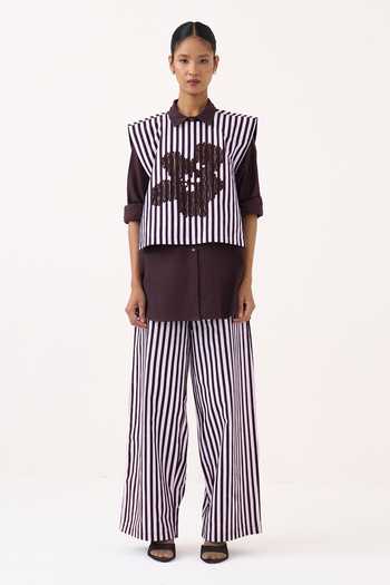 Three Pink Poplin, Cotton Embroidery Collared Floral Striped Overlay And Pant Co-ord at Aza Fashions Three_Pink Poplin, Cotton Embroidery Collared Floral Striped Overlay And Pant Co-ord _at_Aza_Fashions