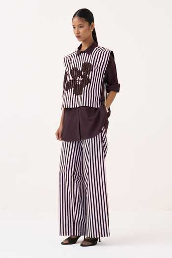 Buy Three Pink Poplin, Cotton Embroidery Collared Floral Striped Overlay And Pant Co-ord Buy_Three_Pink Poplin, Cotton Embroidery Collared Floral Striped Overlay And Pant Co-ord