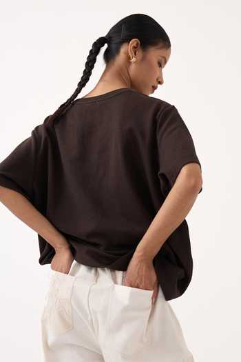 Shop Three Brown Cotton, Jersey, Twill Round Embroidered Patch Pocket T-shirt And Pant Set Online at Aza Fashions Shop_Three_Brown Cotton, Jersey, Twill Round Embroidered Patch Pocket T-shirt And Pant Set _Online_at_Aza_Fashions