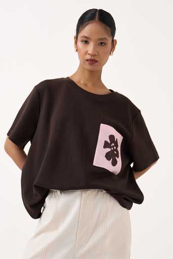 Three Brown Cotton, Jersey, Twill Round Embroidered Patch Pocket T-shirt And Pant Set at Aza Fashions Three_Brown Cotton, Jersey, Twill Round Embroidered Patch Pocket T-shirt And Pant Set _at_Aza_Fashions