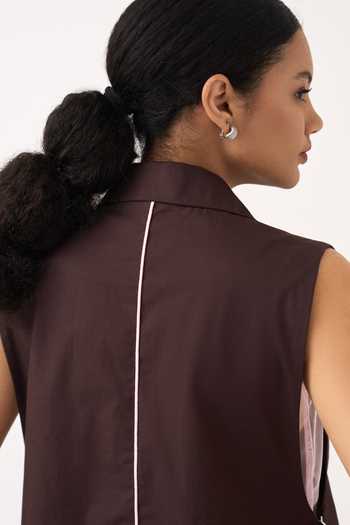 Shop Three Brown Cotton, Poplin, Twill Collared Neck Floral Applique Waistcoat And Pant Set Online at Aza Fashions Shop_Three_Brown Cotton, Poplin, Twill Collared Neck Floral Applique Waistcoat And Pant Set _Online_at_Aza_Fashions