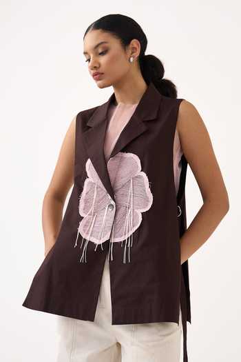 Buy Three Brown Cotton, Poplin, Twill Collared Neck Floral Applique Waistcoat And Pant Set Buy_Three_Brown Cotton, Poplin, Twill Collared Neck Floral Applique Waistcoat And Pant Set