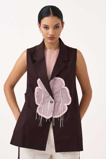 Shop Three Brown Cotton, Poplin, Twill Collared Neck Floral Applique Waistcoat And Pant Set Shop_Three_Brown Cotton, Poplin, Twill Collared Neck Floral Applique Waistcoat And Pant Set