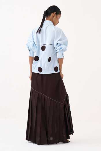 Three Polka Top & Splash Print Pleated Skirt Set 