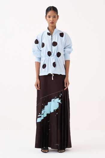 Three Blue Poplin, Chanderi Mandarin Collar Polka Top And Splash Print Pleated Skirt Set Online at Aza Fashions Three_Blue Poplin, Chanderi Mandarin Collar Polka Top And Splash Print Pleated Skirt Set _Online_at_Aza_Fashions