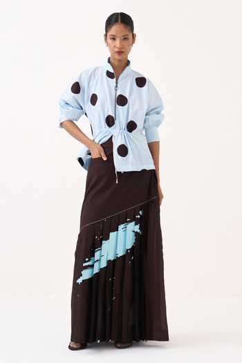 Three Polka Top & Splash Print Pleated Skirt Set 