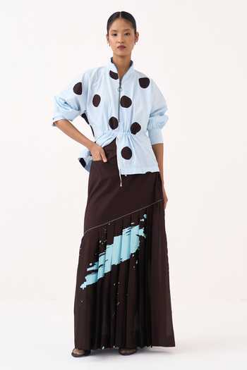 Buy Three Blue Poplin, Chanderi Mandarin Collar Polka Top And Splash Print Pleated Skirt Set Online at Aza Fashions Buy_Three_Blue Poplin, Chanderi Mandarin Collar Polka Top And Splash Print Pleated Skirt Set _Online_at_Aza_Fashions