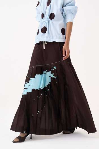 Three Blue Poplin, Chanderi Mandarin Collar Polka Top And Splash Print Pleated Skirt Set at Aza Fashions Three_Blue Poplin, Chanderi Mandarin Collar Polka Top And Splash Print Pleated Skirt Set _at_Aza_Fashions
