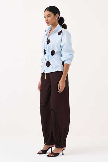 Three Blue Poplin, Cotton Collared Neck Drawstring Polka Top And Pant Set Online at Aza Fashions Three_Blue Poplin, Cotton Collared Neck Drawstring Polka Top And Pant Set _Online_at_Aza_Fashions