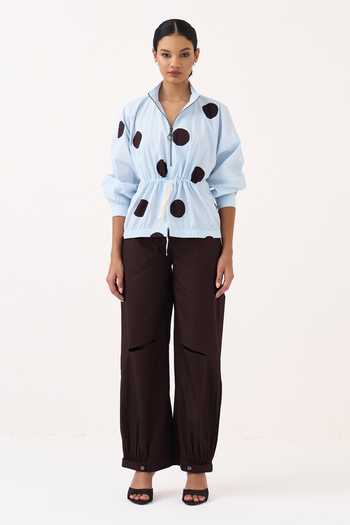 Buy Three Blue Poplin, Cotton Collared Neck Drawstring Polka Top And Pant Set Online at Aza Fashions Buy_Three_Blue Poplin, Cotton Collared Neck Drawstring Polka Top And Pant Set _Online_at_Aza_Fashions