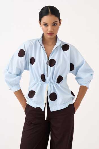 Shop Three Blue Poplin, Cotton Collared Neck Drawstring Polka Top And Pant Set Online at Aza Fashions Shop_Three_Blue Poplin, Cotton Collared Neck Drawstring Polka Top And Pant Set _Online_at_Aza_Fashions