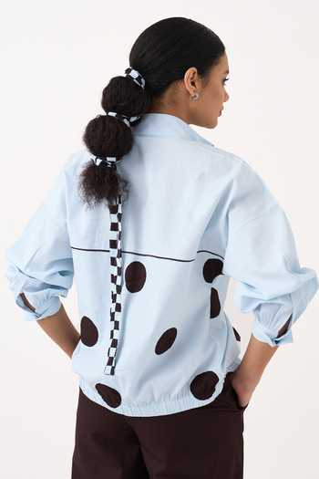 Three Blue Poplin, Cotton Collared Neck Drawstring Polka Top And Pant Set at Aza Fashions Three_Blue Poplin, Cotton Collared Neck Drawstring Polka Top And Pant Set _at_Aza_Fashions