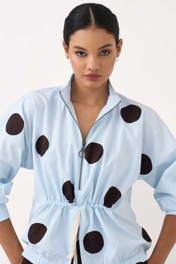 Buy Three Blue Poplin, Cotton Collared Neck Drawstring Polka Top And Pant Set Buy_Three_Blue Poplin, Cotton Collared Neck Drawstring Polka Top And Pant Set