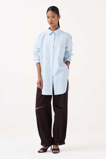 Buy Three Blue Poplin Collared Neck Back Floral Drawstring Shirt And Pant Set Online at Aza Fashions Buy_Three_Blue Poplin Collared Neck Back Floral Drawstring Shirt And Pant Set _Online_at_Aza_Fashions