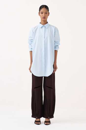 Shop Three Blue Poplin Collared Neck Back Floral Drawstring Shirt And Pant Set Online at Aza Fashions Shop_Three_Blue Poplin Collared Neck Back Floral Drawstring Shirt And Pant Set _Online_at_Aza_Fashions
