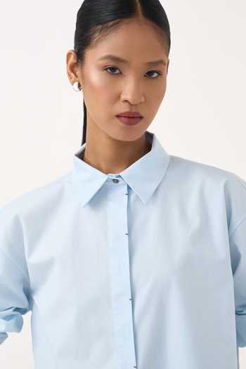 Three Blue Poplin Collared Neck Back Floral Drawstring Shirt And Pant Set at Aza Fashions Three_Blue Poplin Collared Neck Back Floral Drawstring Shirt And Pant Set _at_Aza_Fashions