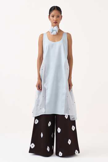 Three_Blue Chanderi, Organza, Poplin Scoop Neck Side U Gather Tunic And Polka Pant Set _Online_at_Aza_Fashions