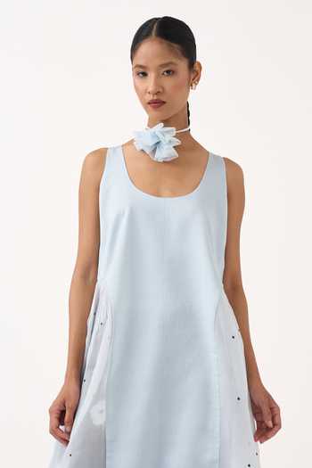 Shop_Three_Blue Chanderi, Organza, Poplin Scoop Neck Side U Gather Tunic And Polka Pant Set _Online_at_Aza_Fashions