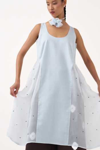 Three_Blue Chanderi, Organza, Poplin Scoop Neck Side U Gather Tunic And Polka Pant Set _at_Aza_Fashions