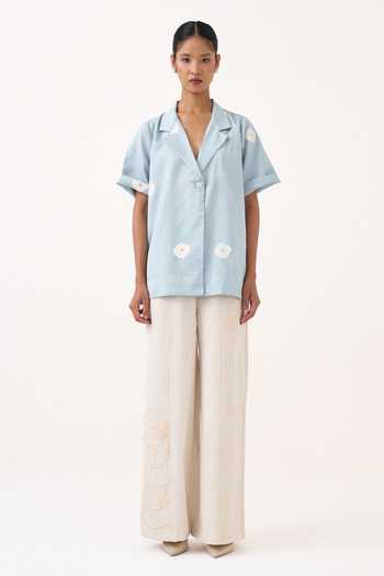 Shop Three Blue Chanderi, Twill Open Neck Block Print Blazer And Pant Set Online at Aza Fashions Shop_Three_Blue Chanderi, Twill Open Neck Block Print Blazer And Pant Set _Online_at_Aza_Fashions