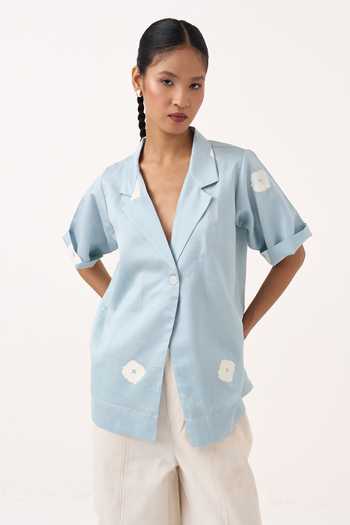 Three Blue Chanderi, Twill Open Neck Block Print Blazer And Pant Set at Aza Fashions Three_Blue Chanderi, Twill Open Neck Block Print Blazer And Pant Set _at_Aza_Fashions