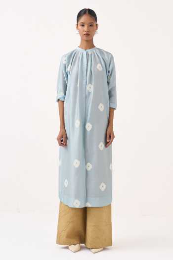 Three Blue Chanderi, Muslin (mulmul) Mandarin Block Print Gather Neck Kurta And Pant Set Online at Aza Fashions Three_Blue Chanderi, Muslin (mulmul) Mandarin Block Print Gather Neck Kurta And Pant Set _Online_at_Aza_Fashions