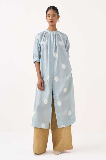 Three Block Print Gather Neck Kurta & Pant Set 
